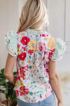 New Dear-Lover Floral Print Contrast Ruffle Trim Short Sleeve Blouse Pink