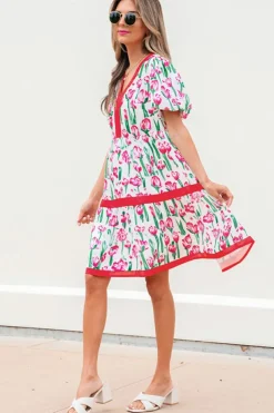 Discount Dear-Lover Floral Print Contrast Trim V Neck Bubble Short Sleeve Babydoll Dress Pink