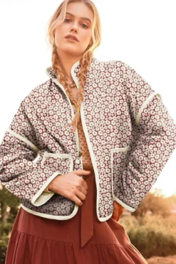 Best Dear-Lover Floral Print Contrast Edge Pocketed Stand Neck Jacket Pink