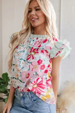 New Dear-Lover Floral Print Contrast Ruffle Trim Short Sleeve Blouse Pink