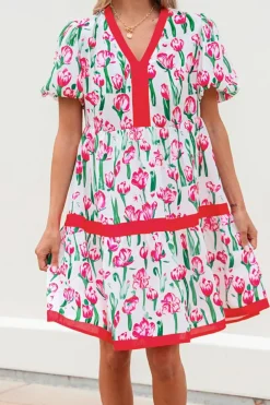 Discount Dear-Lover Floral Print Contrast Trim V Neck Bubble Short Sleeve Babydoll Dress Pink