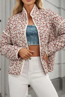 Best Dear-Lover Floral Print Contrast Edge Pocketed Stand Neck Jacket Pink
