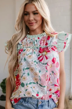 New Dear-Lover Floral Print Contrast Ruffle Trim Short Sleeve Blouse Pink