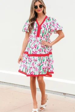 Discount Dear-Lover Floral Print Contrast Trim V Neck Bubble Short Sleeve Babydoll Dress Pink