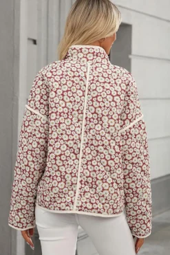 Best Dear-Lover Floral Print Contrast Edge Pocketed Stand Neck Jacket Pink