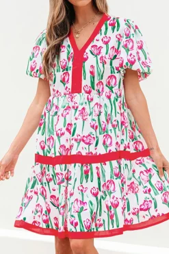 Discount Dear-Lover Floral Print Contrast Trim V Neck Bubble Short Sleeve Babydoll Dress Pink