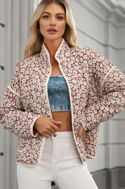 Best Dear-Lover Floral Print Contrast Edge Pocketed Stand Neck Jacket Pink