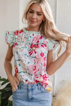 New Dear-Lover Floral Print Contrast Ruffle Trim Short Sleeve Blouse Pink