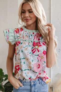 New Dear-Lover Floral Print Contrast Ruffle Trim Short Sleeve Blouse Pink