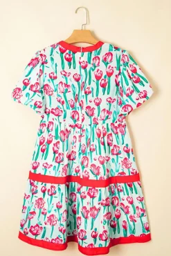 Discount Dear-Lover Floral Print Contrast Trim V Neck Bubble Short Sleeve Babydoll Dress Pink