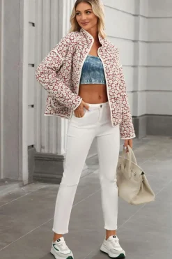 Best Dear-Lover Floral Print Contrast Edge Pocketed Stand Neck Jacket Pink