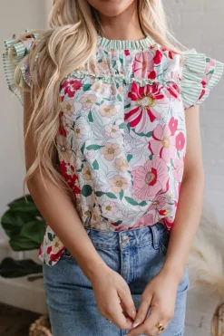 New Dear-Lover Floral Print Contrast Ruffle Trim Short Sleeve Blouse Pink