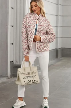 Best Dear-Lover Floral Print Contrast Edge Pocketed Stand Neck Jacket Pink