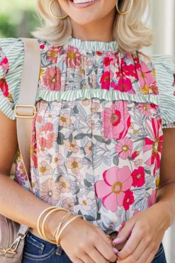 New Dear-Lover Floral Print Contrast Ruffle Trim Short Sleeve Blouse Pink
