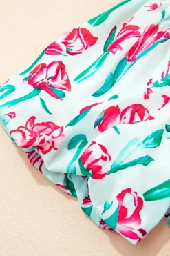 Discount Dear-Lover Floral Print Contrast Trim V Neck Bubble Short Sleeve Babydoll Dress Pink