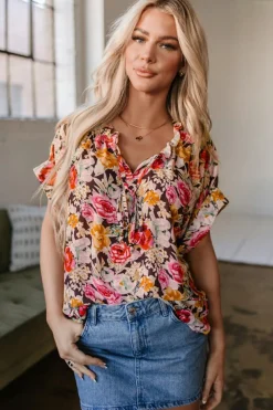 Discount Dear-Lover Floral Print Crew Neck Short Sleeve Shift Blouse Pink