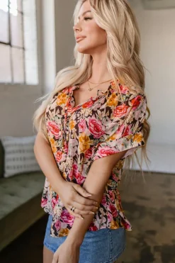 Discount Dear-Lover Floral Print Crew Neck Short Sleeve Shift Blouse Pink