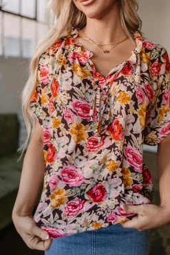 Discount Dear-Lover Floral Print Crew Neck Short Sleeve Shift Blouse Pink