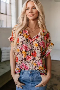 Discount Dear-Lover Floral Print Crew Neck Short Sleeve Shift Blouse Pink