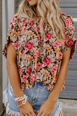 Discount Dear-Lover Floral Print Crew Neck Short Sleeve Shift Blouse Pink
