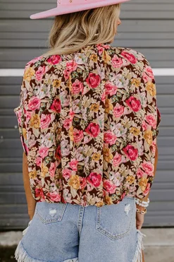 Discount Dear-Lover Floral Print Crew Neck Short Sleeve Shift Blouse Pink