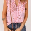 Sale Dear-Lover Floral Print Drawstring Frill Trim Sleeveless Top Pink