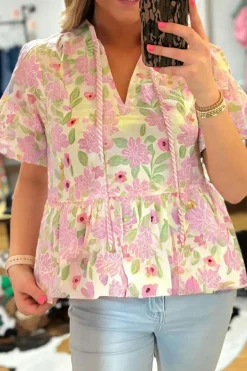 Hot Dear-Lover Floral Print Drawstring V Neck Peplum Blouse Pink