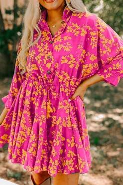 Hot Dear-Lover Floral Print Drawstring Tunic Flowy Short Dress Pink