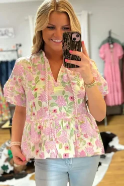 Hot Dear-Lover Floral Print Drawstring V Neck Peplum Blouse Pink