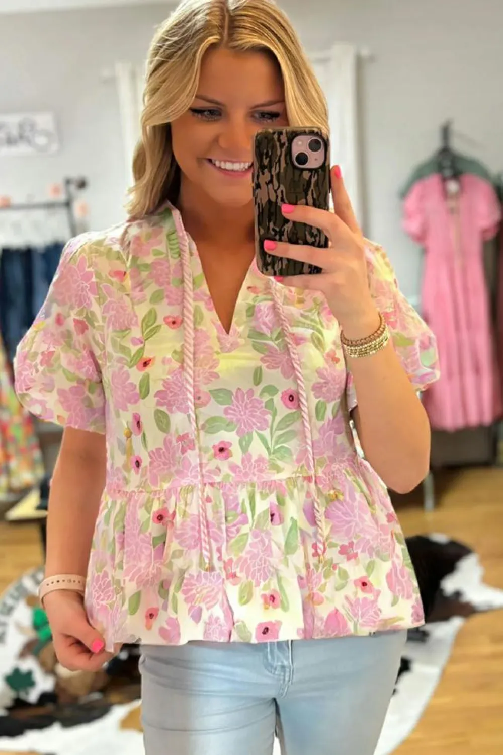 Hot Dear-Lover Floral Print Drawstring V Neck Peplum Blouse Pink