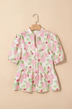Hot Dear-Lover Floral Print Drawstring V Neck Peplum Blouse Pink