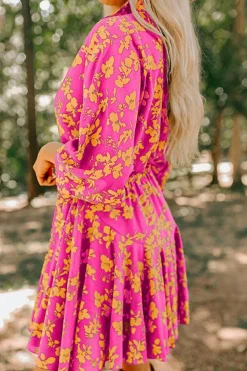 Hot Dear-Lover Floral Print Drawstring Tunic Flowy Short Dress Pink