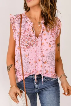 Sale Dear-Lover Floral Print Drawstring Frill Trim Sleeveless Top Pink