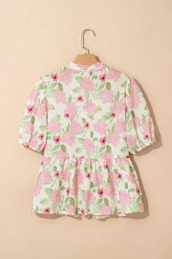 Hot Dear-Lover Floral Print Drawstring V Neck Peplum Blouse Pink