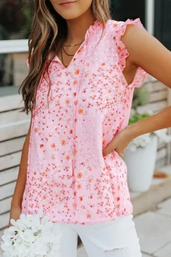 Sale Dear-Lover Floral Print Drawstring Frill Trim Sleeveless Top Pink