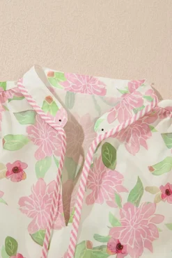Hot Dear-Lover Floral Print Drawstring V Neck Peplum Blouse Pink