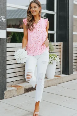 Sale Dear-Lover Floral Print Drawstring Frill Trim Sleeveless Top Pink