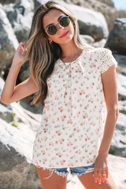 Clearance Dear-Lover Floral Print Embroidery Detail Crochet Cap Sleeve Blouse Pink