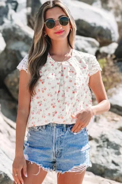 Clearance Dear-Lover Floral Print Embroidery Detail Crochet Cap Sleeve Blouse Pink