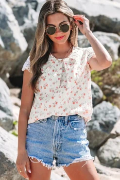 Clearance Dear-Lover Floral Print Embroidery Detail Crochet Cap Sleeve Blouse Pink