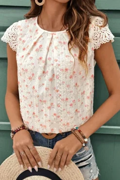 Clearance Dear-Lover Floral Print Embroidery Detail Crochet Cap Sleeve Blouse Pink