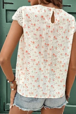Clearance Dear-Lover Floral Print Embroidery Detail Crochet Cap Sleeve Blouse Pink
