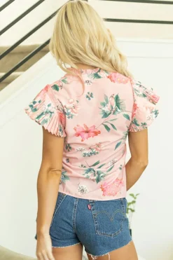 Sale Dear-Lover Floral Print Frilled V Neck Pleated Sleeve Blouse Pink