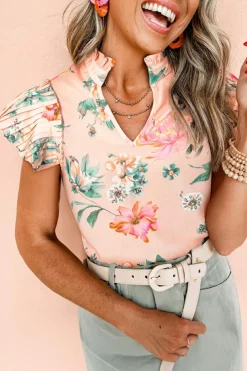Sale Dear-Lover Floral Print Frilled V Neck Pleated Sleeve Blouse Pink