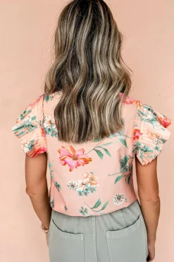 Sale Dear-Lover Floral Print Frilled V Neck Pleated Sleeve Blouse Pink