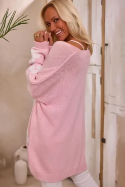 Clearance Dear-Lover Floral Print Knitted Open Front Loose Cardigan Pink