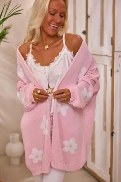 Clearance Dear-Lover Floral Print Knitted Open Front Loose Cardigan Pink