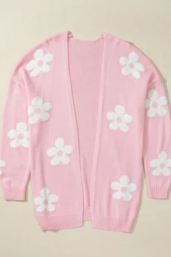 Clearance Dear-Lover Floral Print Knitted Open Front Loose Cardigan Pink