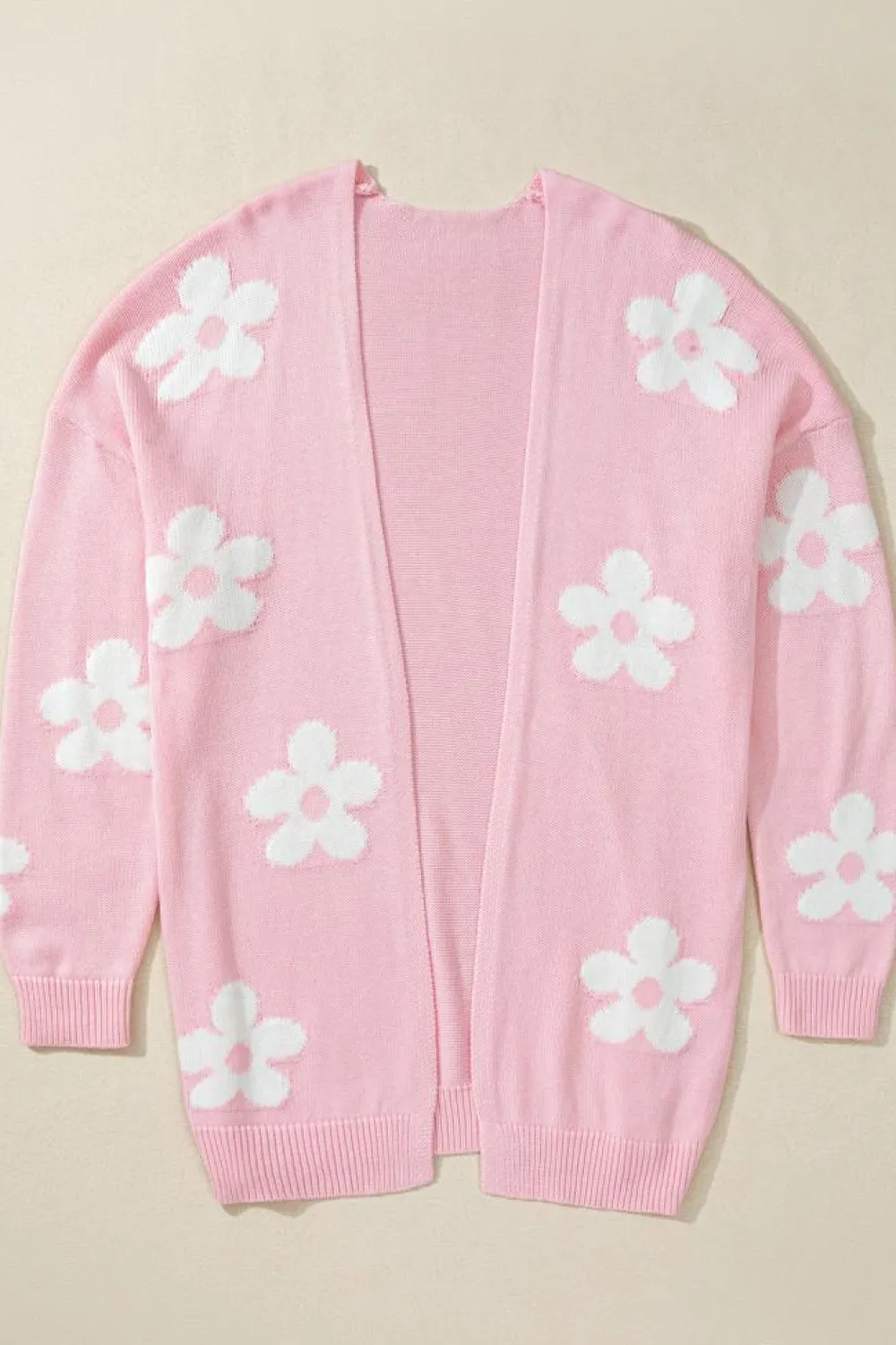 Clearance Dear-Lover Floral Print Knitted Open Front Loose Cardigan Pink