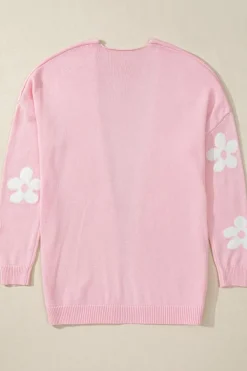 Clearance Dear-Lover Floral Print Knitted Open Front Loose Cardigan Pink